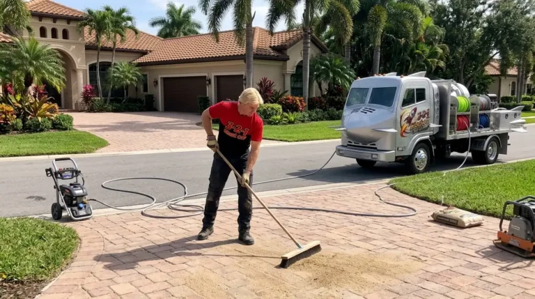 Paver sanding on a Naples FL brick paver driveway