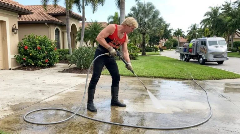 Power washing a stained concrete driveway in Naples FL