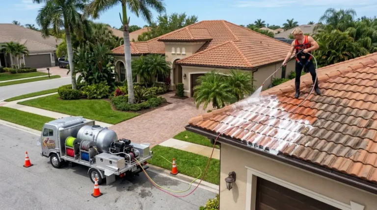 Roof bio cleaning a clay tile roof in Naples FL
