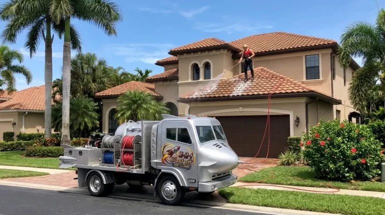 3-2-1 Blast Off roof cleaning on a two-story Naples FL home with a tile roof