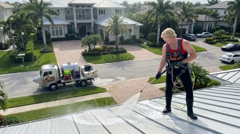 Roof soft wash on a metal roof in a Naples FL neighborhood